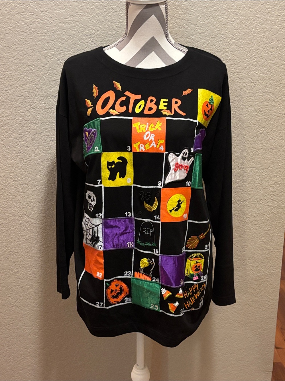 Victoria Jones Woman Black Halloween October Calendar Graphic Long Sleeve Top